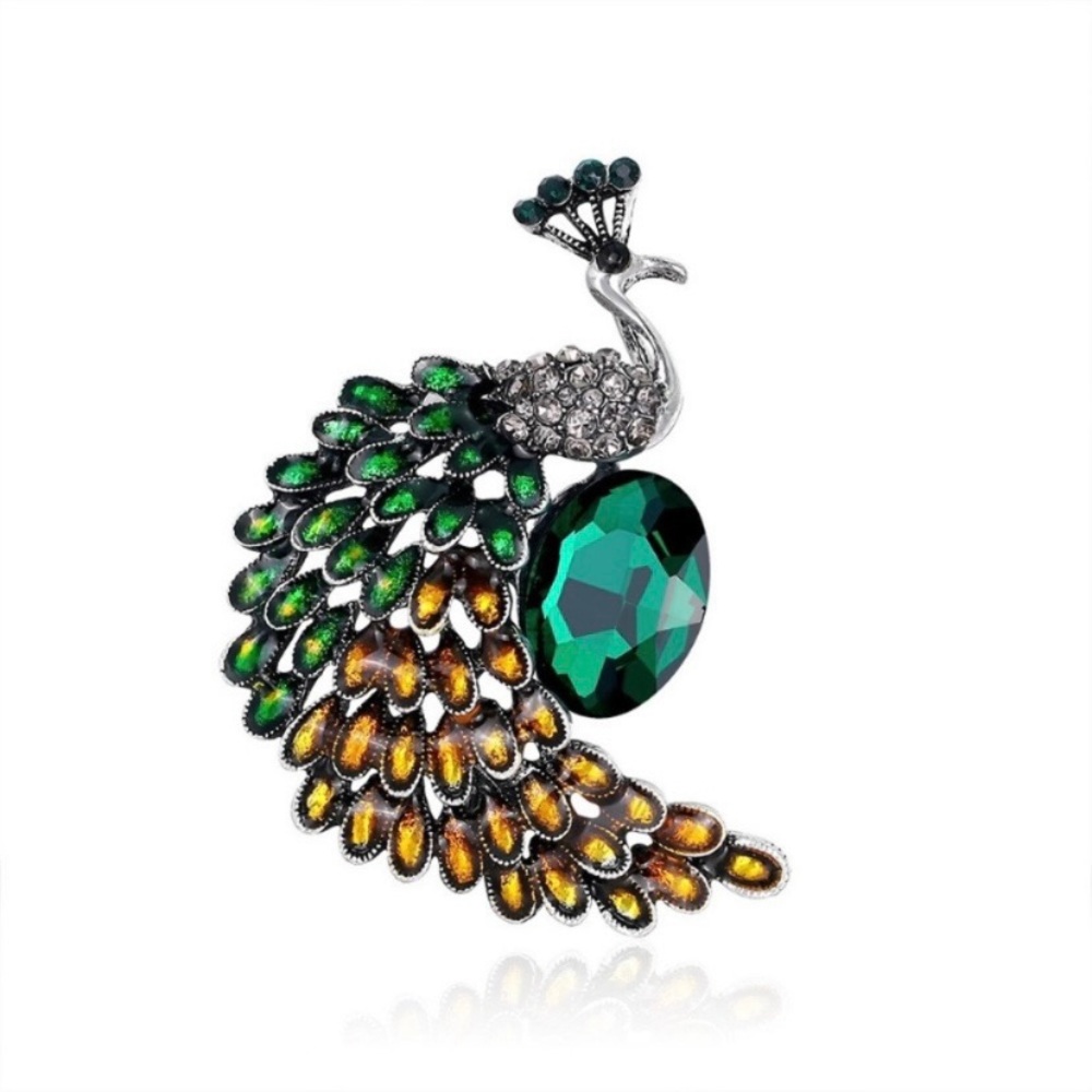 Green Crystal Peacock Brooch Pin for Women